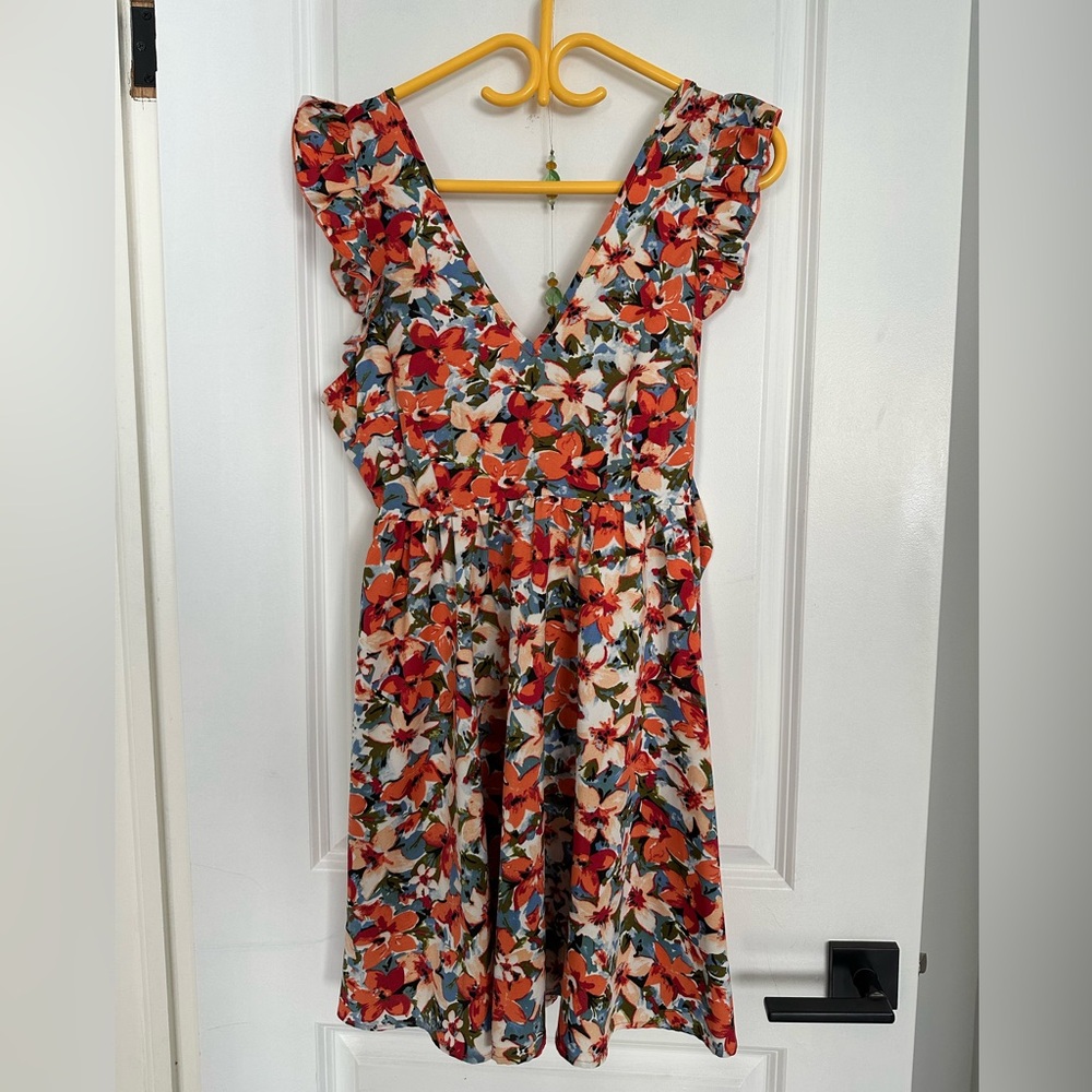 Floral V-Neck Dress with Ruffle Sleeves